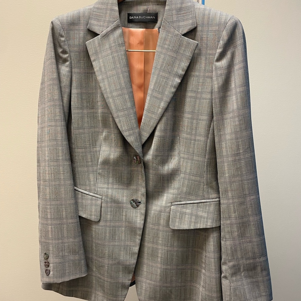Three-piece (Jacket, pants and skirt) plaid suit by Dana Buchman.
